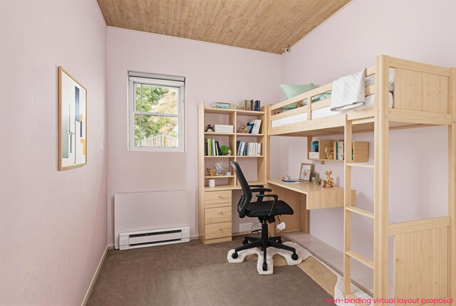 8114 E 72nd St # 2, Newaygo, MI 49337 - office space with a baseboard radiator, carpet flooring, built in desk, and wood ceiling