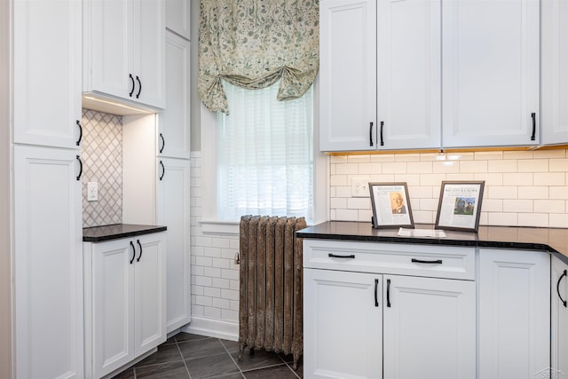820 N Johnson St, Bay City, MI 48708 - kitchen featuring radiator, dark countertops, white cabinetry, and backsplash