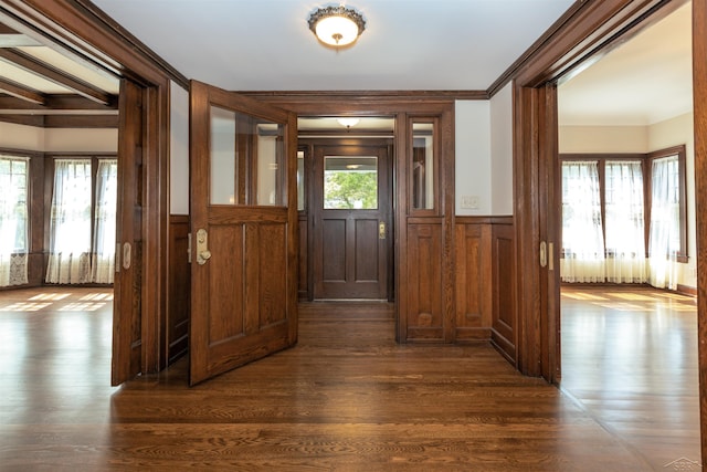 820 N Johnson St, Bay City, MI 48708 - entrance foyer featuring wainscoting, dark wood-style floors, crown molding, and a decorative wall
