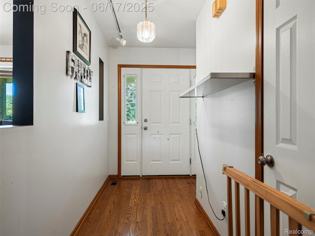 2520 Chilson Meadows Ln, Howell, MI 48843 - doorway featuring dark wood-style floors and baseboards
