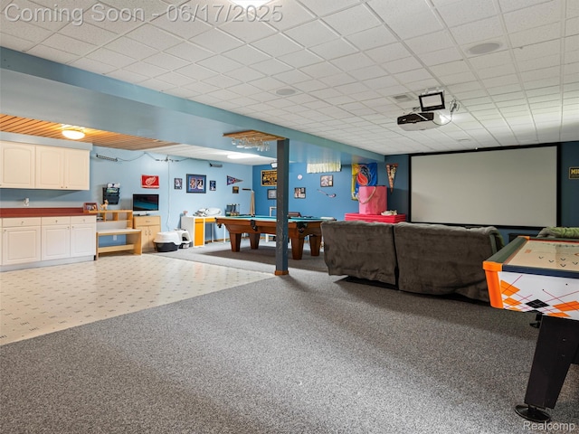 2520 Chilson Meadows Ln, Howell, MI 48843 - carpeted home theater room with billiards and a drop ceiling
