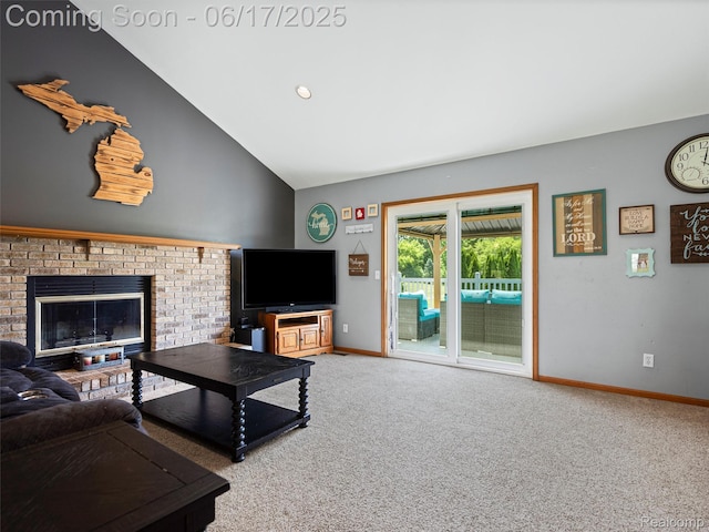 2520 Chilson Meadows Ln, Howell, MI 48843 - carpeted living room featuring a brick fireplace and high vaulted ceiling