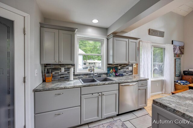 5980 Division St, Newaygo, MI 49337 - kitchen featuring dishwasher, gray cabinetry, decorative backsplash, and light tile patterned floors