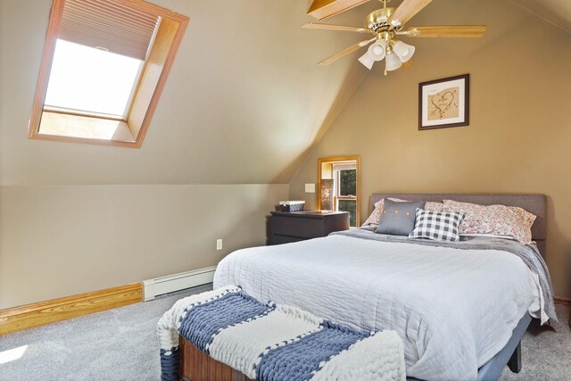 1105 W Genesee St, Frankenmuth, MI 48734 - bedroom with carpet floors, a baseboard heating unit, vaulted ceiling, a skylight, and ceiling fan