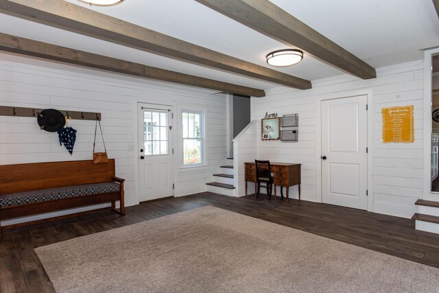 1303 Homecrest Ave, Kalamazoo, MI 49001 - entryway featuring stairway, wooden walls, dark wood-type flooring, and beam ceiling