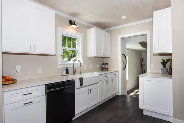 1303 Homecrest Ave, Kalamazoo, MI 49001 - kitchen with dishwasher, white cabinets, light countertops, wood ceiling, and crown molding