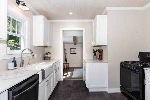 1303 Homecrest Ave, Kalamazoo, MI 49001 - kitchen with black range with gas stovetop, dishwashing machine, white cabinets, wood ceiling, and crown molding