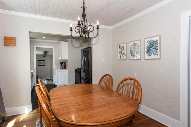 1303 Homecrest Ave, Kalamazoo, MI 49001 - dining space featuring a chandelier, wood finished floors, ornamental molding, and wooden ceiling