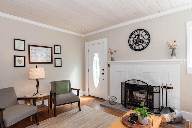1303 Homecrest Ave, Kalamazoo, MI 49001 - living area featuring wood finished floors, wood ceiling, a fireplace, and crown molding