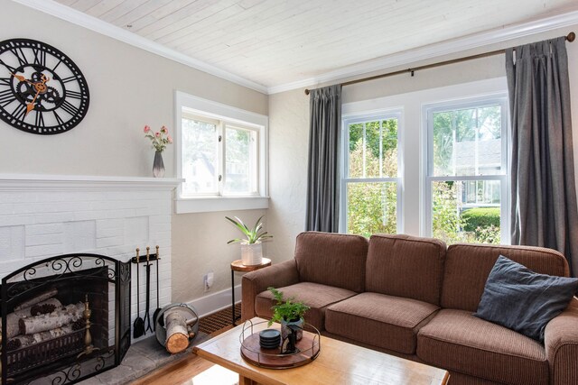 1303 Homecrest Ave, Kalamazoo, MI 49001 - living room featuring wood finished floors, plenty of natural light, a fireplace, crown molding, and wooden ceiling