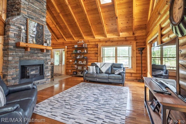 2757 S Hacker Rd, Brighton, MI 48114 - living room with wood-type flooring, plenty of natural light, a wooden ceiling with exposed beams, log walls, and high vaulted ceiling