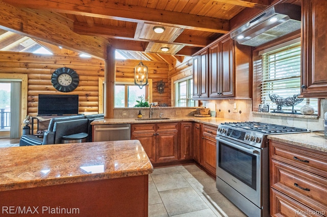 2757 S Hacker Rd, Brighton, MI 48114 - kitchen with stainless steel appliances, a wooden ceiling with exposed beams, light stone counters, pendant lighting, and rustic walls
