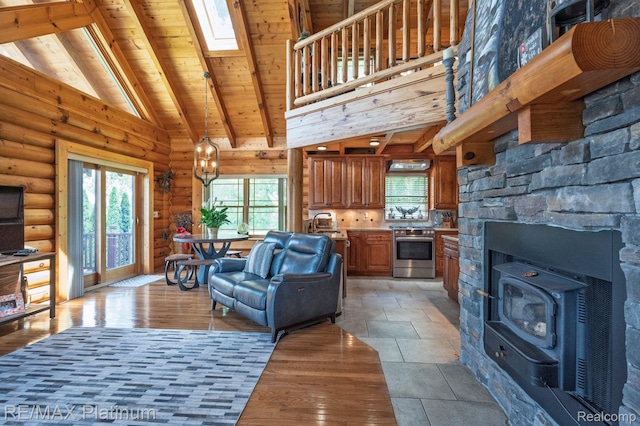 2757 S Hacker Rd, Brighton, MI 48114 - living room featuring a wood stove, plenty of natural light, a wooden ceiling with exposed beams, a skylight, and high vaulted ceiling