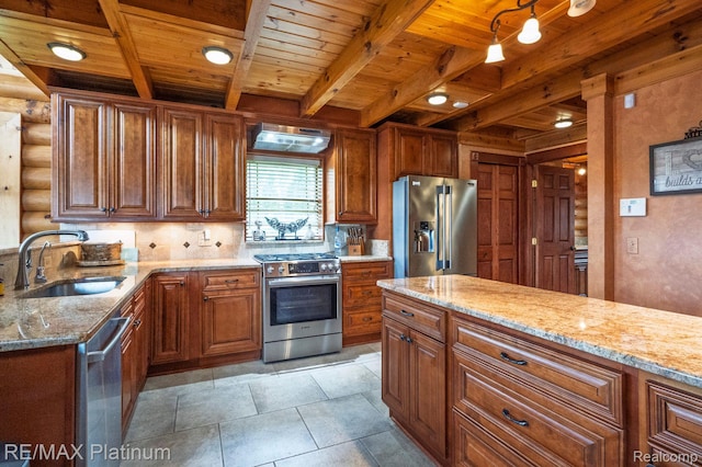 2757 S Hacker Rd, Brighton, MI 48114 - kitchen with appliances with stainless steel finishes, a wooden ceiling with exposed beams, light stone counters, brown cabinets, and rustic walls