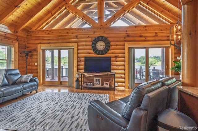 2757 S Hacker Rd, Brighton, MI 48114 - living area with healthy amount of natural light, a wooden ceiling with exposed beams, wood finished floors, high vaulted ceiling, and log walls