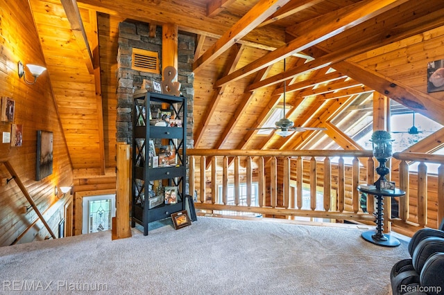 2757 S Hacker Rd, Brighton, MI 48114 - unfurnished living room featuring wood ceiling, carpet, and ceiling fan