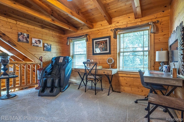 2757 S Hacker Rd, Brighton, MI 48114 - carpeted office featuring wood walls and a wooden ceiling with exposed beams