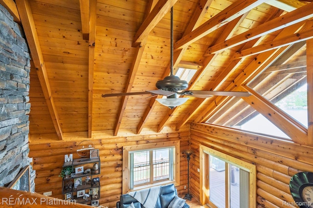 2757 S Hacker Rd, Brighton, MI 48114 - detailed view of a wood ceiling with exposed beams and rustic walls