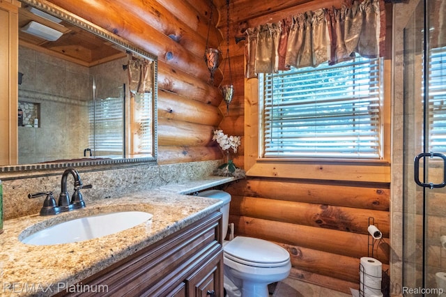 2757 S Hacker Rd, Brighton, MI 48114 - full bath featuring vanity, log walls, plenty of natural light, and a shower stall