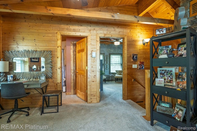 2757 S Hacker Rd, Brighton, MI 48114 - carpeted home office featuring wooden walls, wooden ceiling, and ceiling fan