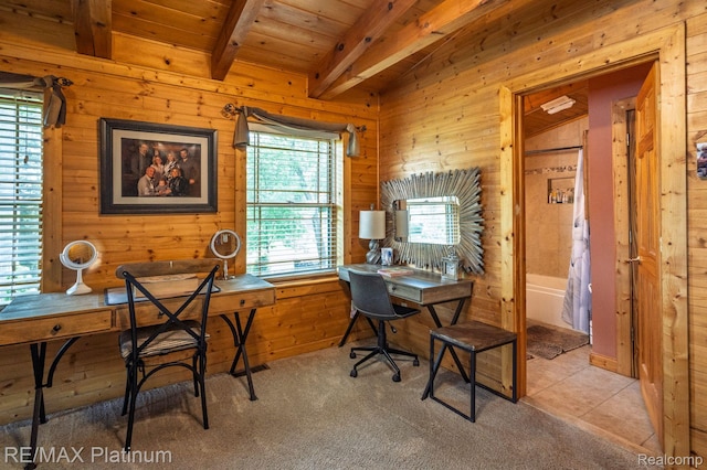 2757 S Hacker Rd, Brighton, MI 48114 - office area with wooden walls, light carpet, and a wooden ceiling with exposed beams