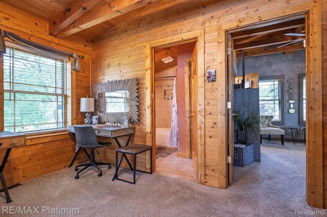 2757 S Hacker Rd, Brighton, MI 48114 - carpeted home office with wooden walls and wooden ceiling