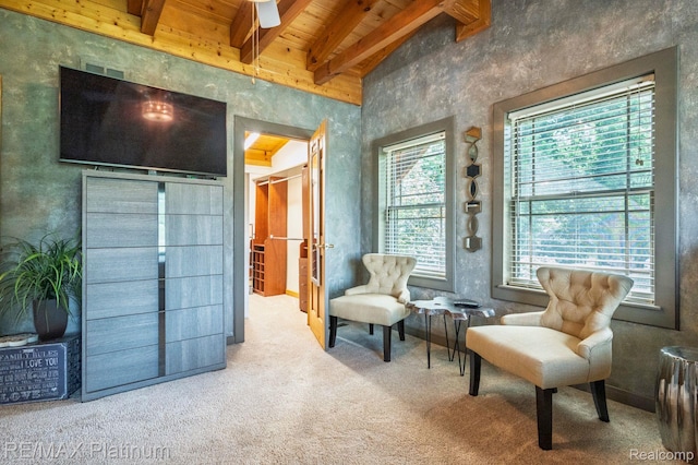 2757 S Hacker Rd, Brighton, MI 48114 - sitting room featuring wooden ceiling, plenty of natural light, and carpet