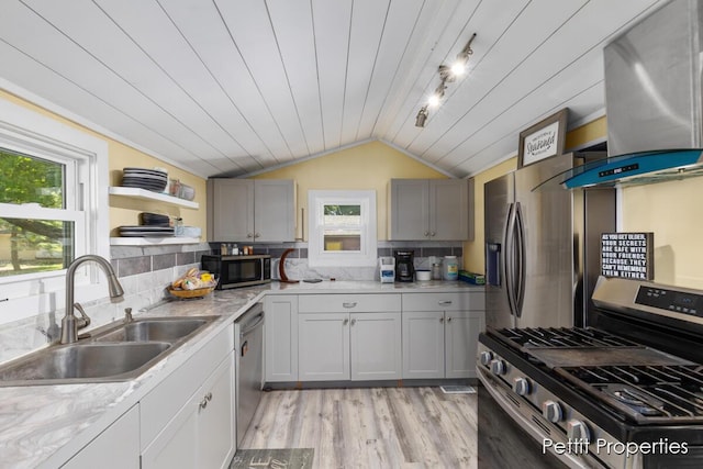 340 E Main St SE, Caledonia, MI 49316 - kitchen with appliances with stainless steel finishes, vaulted ceiling, open shelves, exhaust hood, and light countertops