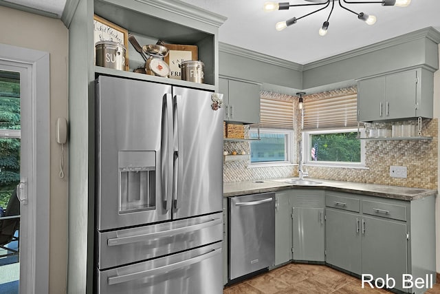 3897 Obrien St SW, Grand Rapids, MI 49534 - kitchen featuring appliances with stainless steel finishes, a chandelier, decorative backsplash, healthy amount of natural light, and crown molding