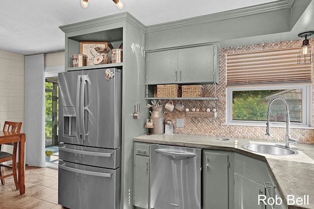 3897 Obrien St SW, Grand Rapids, MI 49534 - kitchen with stainless steel appliances, open shelves, backsplash, gray cabinetry, and crown molding