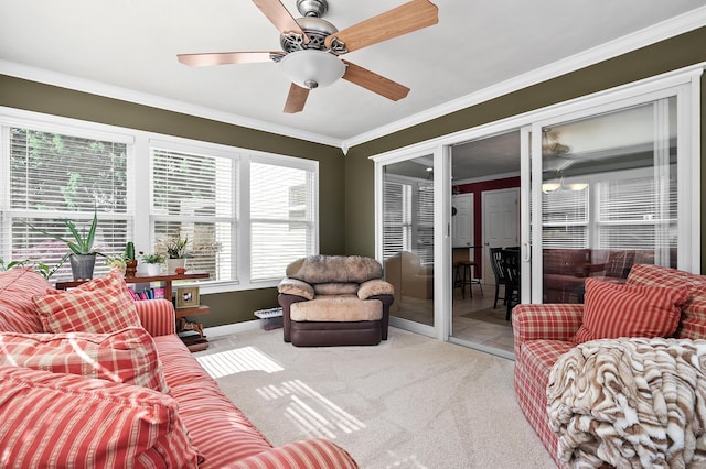 16069 Grazenview St, Schoolcraft, MI 49087 - carpeted living room with a ceiling fan and crown molding