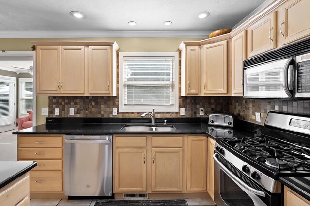 16069 Grazenview St, Schoolcraft, MI 49087 - kitchen featuring appliances with stainless steel finishes, light brown cabinets, dark countertops, and ornamental molding