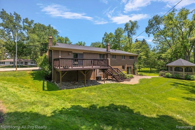 22219 Connemara Dr, Northville, MI 48167 - back of house featuring stairs, a wooden deck, a chimney, and a yard