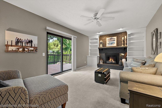 22219 Connemara Dr, Northville, MI 48167 - carpeted living area featuring ceiling fan, a textured ceiling, a brick fireplace, and built in features