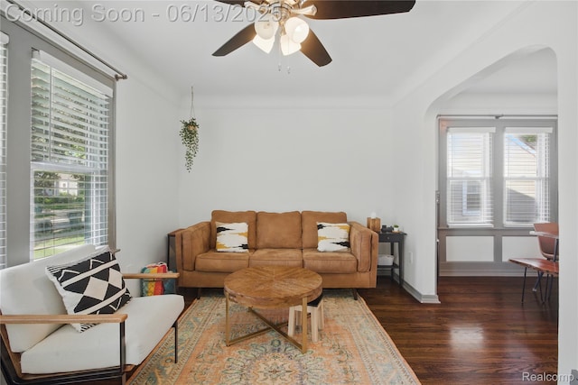 1390 W Blvd, Berkley, MI 48072 - living room featuring arched walkways, wood finished floors, and ceiling fan