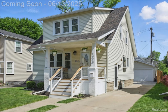 1390 W Blvd, Berkley, MI 48072 - view of front facade featuring an outbuilding, a garage, a porch, a front lawn, and roof with shingles