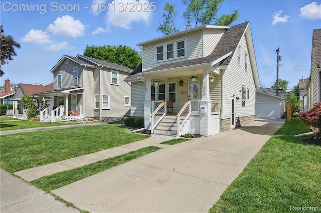 1390 W Blvd, Berkley, MI 48072 - view of front of house featuring a porch, a front yard, a detached garage, an outdoor structure, and roof with shingles