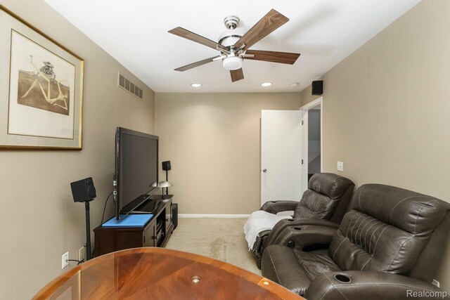 5156 Chestershire Ct, West Bloomfield, MI 48322 - living area with light colored carpet, ceiling fan, and recessed lighting