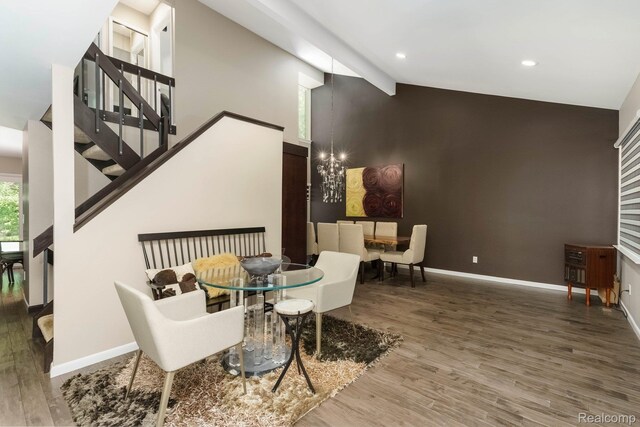 5156 Chestershire Ct, West Bloomfield, MI 48322 - dining room with stairway, wood finished floors, a chandelier, beamed ceiling, and high vaulted ceiling