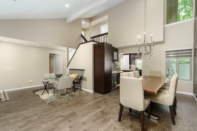 5156 Chestershire Ct, West Bloomfield, MI 48322 - dining space with high vaulted ceiling, a chandelier, beam ceiling, light wood-type flooring, and recessed lighting