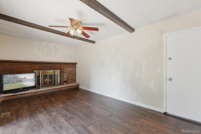 1337 Heathercrest Dr, Flint, MI 48532 - unfurnished living room featuring beam ceiling, wood finished floors, a fireplace, and a ceiling fan