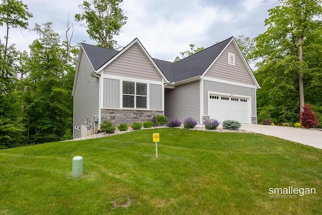 6853 Loggers Ridge Run SE, Caledonia, MI 49316 - view of front facade featuring stone siding, board and batten siding, driveway, and a front lawn