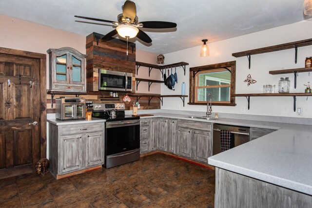 185 Race St, Constantine, MI 49042 - kitchen with appliances with stainless steel finishes, open shelves, and light countertops