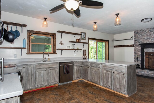 185 Race St, Constantine, MI 49042 - kitchen featuring dishwasher, a peninsula, a ceiling fan, gray cabinetry, and light countertops