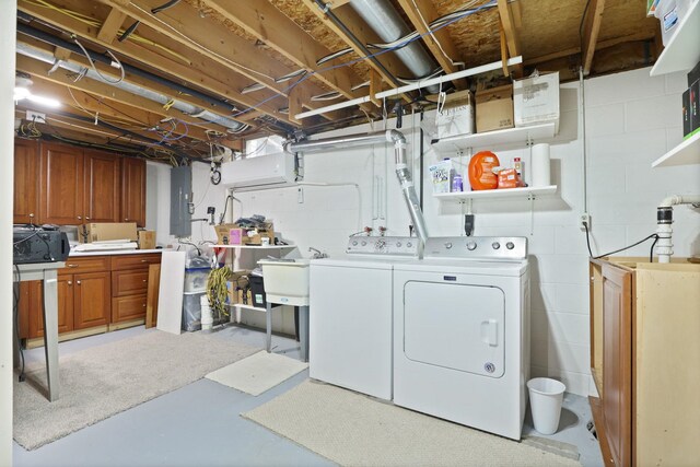 429 Zehnder Dr, Frankenmuth, MI 48734 - unfinished basement with washing machine and clothes dryer, electric panel, and concrete block wall
