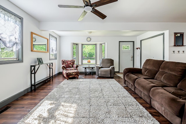 3360 Broad St, Dexter, MI 48130 - living room featuring ceiling fan and dark wood finished floors