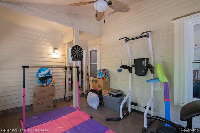 235 E Saint Clair St, Almont, MI 48003 - exercise room with ceiling fan, wood finished floors, and wood walls