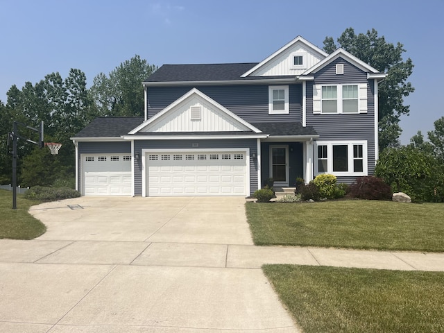 727 Wild Flower Ct, Wayland, MI 49348 - view of front of property featuring board and batten siding, concrete driveway, a front lawn, and a garage