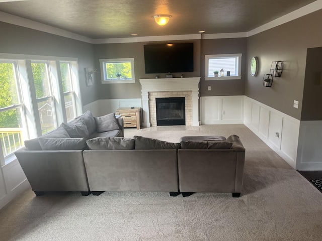 727 Wild Flower Ct, Wayland, MI 49348 - carpeted living room with plenty of natural light, wainscoting, a brick fireplace, and a decorative wall