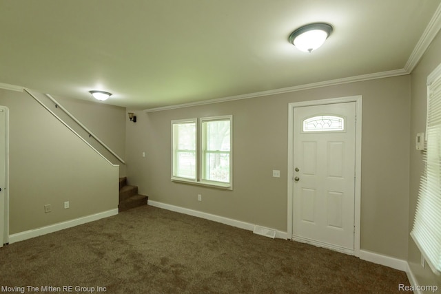 11954 Timken Ave, Warren, MI 48089 - entrance foyer featuring ornamental molding, stairway, and carpet flooring